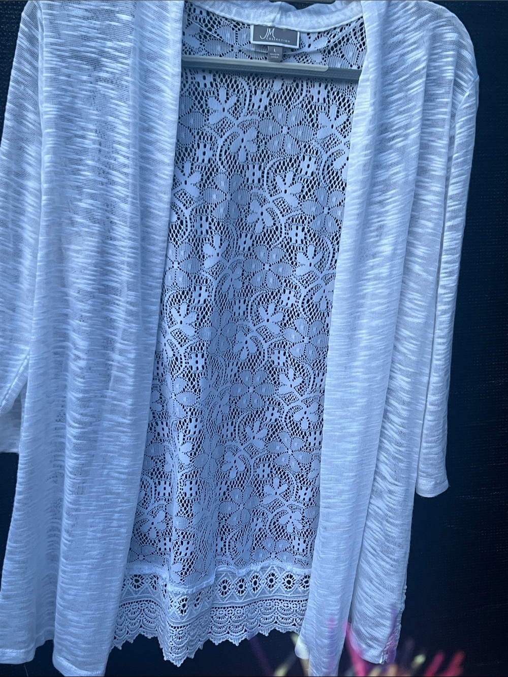JM Collection White Lace-Back Open Cardigan